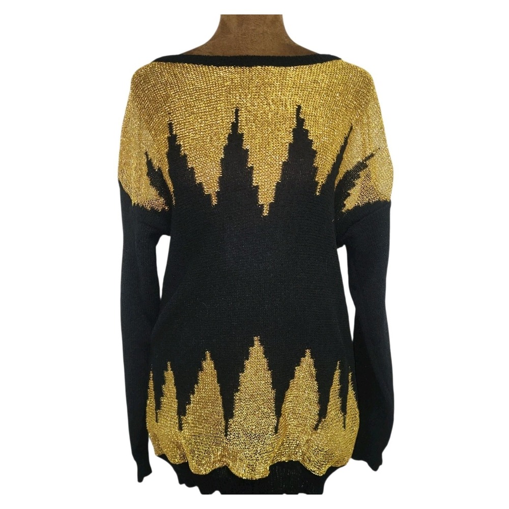 Vintage 80s Metallic Open Knit Sweater Black Gold Women's Size M Geometric